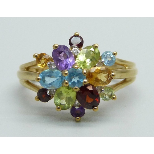 1087 - A 9ct gold, multi-gem and diamond cluster ring, 3g, N