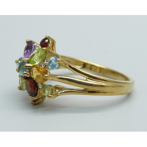 1087 - A 9ct gold, multi-gem and diamond cluster ring, 3g, N