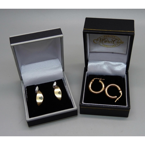 1091 - Two pairs of 9ct gold earrings, 2.3g