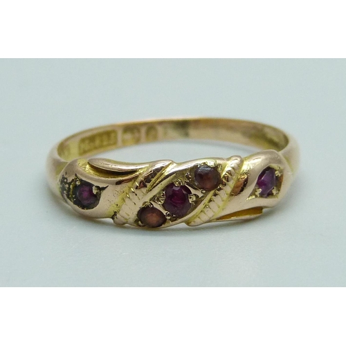 1098 - A Victorian 15ct gold and garnet ring, Birmingham 1898, 2g, M/N