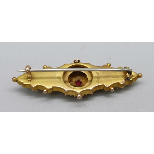 1100 - A 9ct gold, ruby and pearl brooch, a/f, Chester 1918, 3g, boxed