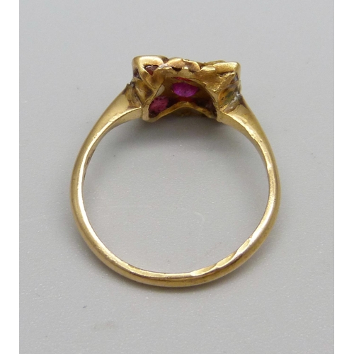 1103 - A ruby and half pearl ring, marked 21K, 3.2g, L