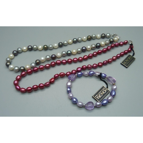 1116 - A Honora pearl necklace and bracelet and a strand of silver mounted pearls