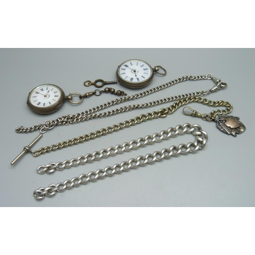 1117 - A silver Albert chain, two .800 silver fob watches, a silver fob medal, a white metal chain, and one... 