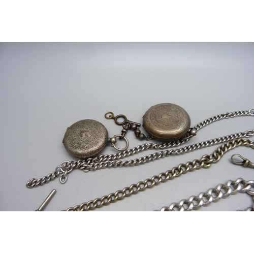 1117 - A silver Albert chain, two .800 silver fob watches, a silver fob medal, a white metal chain, and one... 