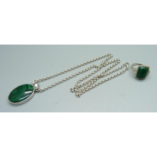 1118 - A silver and malachite pendant and chain and a silver and malachite ring, V