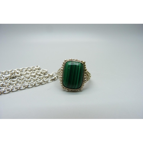 1118 - A silver and malachite pendant and chain and a silver and malachite ring, V