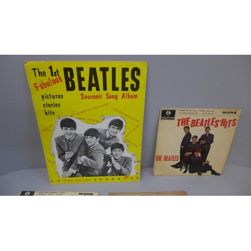 625 - The Beatles Souvenir Song Album, two The Beatles EPs and a fan club 7