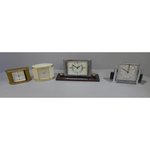 633 - Two Art Deco clocks including Smiths and two travel clocks; Swiza and Westclox