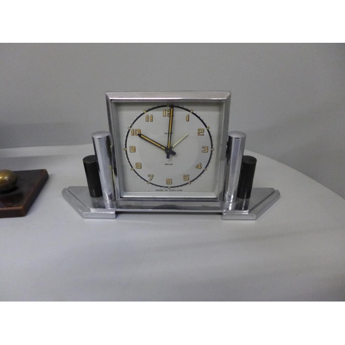 633 - Two Art Deco clocks including Smiths and two travel clocks; Swiza and Westclox