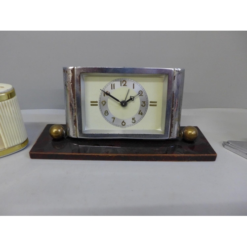 633 - Two Art Deco clocks including Smiths and two travel clocks; Swiza and Westclox