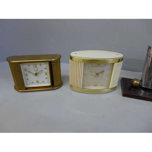 633 - Two Art Deco clocks including Smiths and two travel clocks; Swiza and Westclox