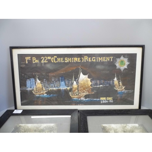 663 - Two WWI regimental photographs, 1917 and a painting of Hong Kong harbour, 1980s, Cheshire Regiment t... 