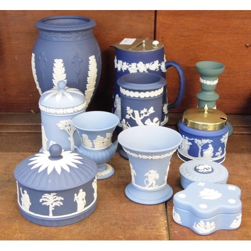 669 - A collection of Wedgwood Jasperware; vase, lidded pots, preserve pot, jug, etc. (11)