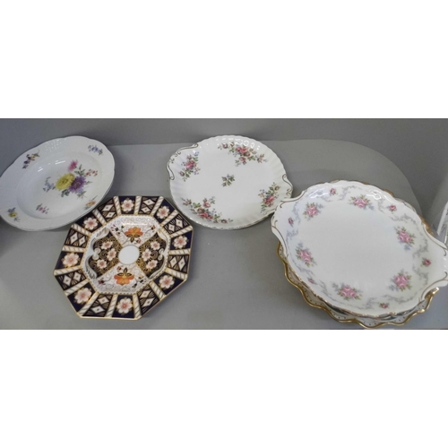 672 - Nine plates and dishes, Royal Crown Derby, Dresden and Royal Albert