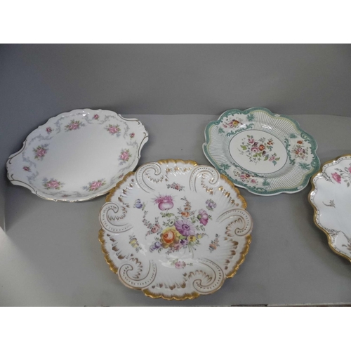 672 - Nine plates and dishes, Royal Crown Derby, Dresden and Royal Albert