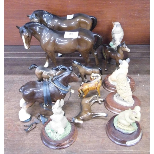 681 - A collection of Beswick horses, one a/f and other animal and bird figures