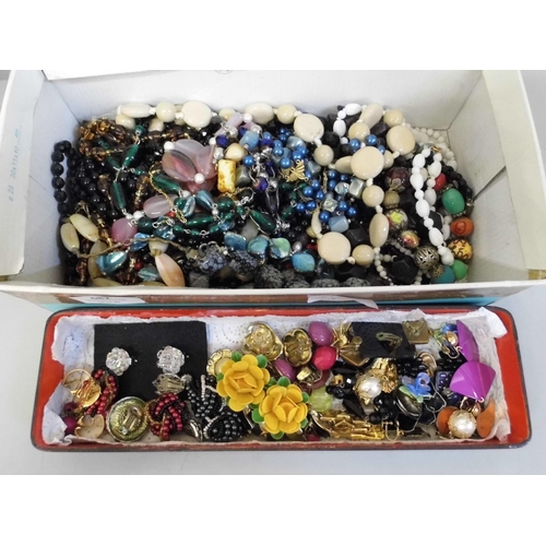 682 - A collection of bead necklaces and vintage clip-on earrings