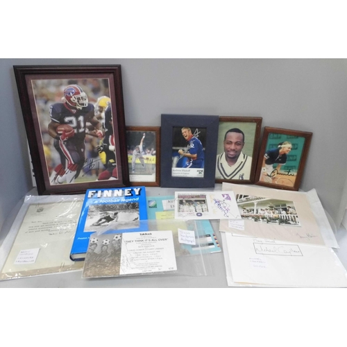 694 - Sporting memorabilia; a collection of autographed items including a letter from Dennis Compton, a bo... 