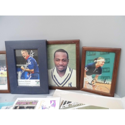 694 - Sporting memorabilia; a collection of autographed items including a letter from Dennis Compton, a bo... 