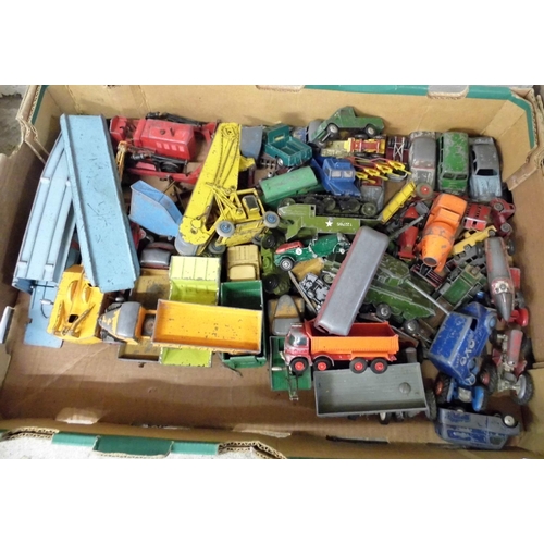 700 - A box of early Dinky Toys die-cast model vehicles, Blaw Knox bulldozer, Pullmore Car Transporter wit... 