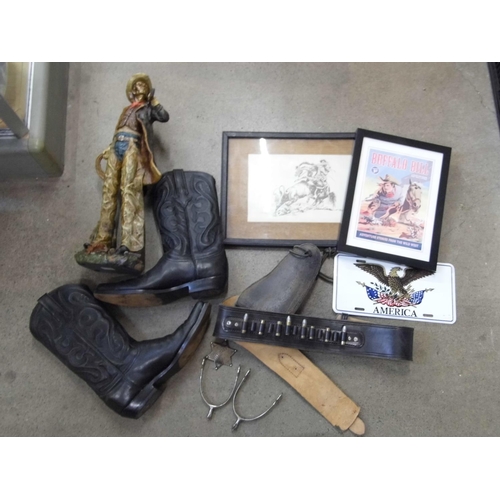 726 - A collection of Americana; cowboy boots, gun holster, a figure of a cowboy, etc.