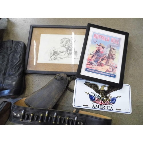 726 - A collection of Americana; cowboy boots, gun holster, a figure of a cowboy, etc.