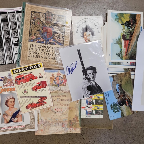 764 - A collection of ephemera including autographs, (including Clint Eastwood) Coronation programmes, pho... 