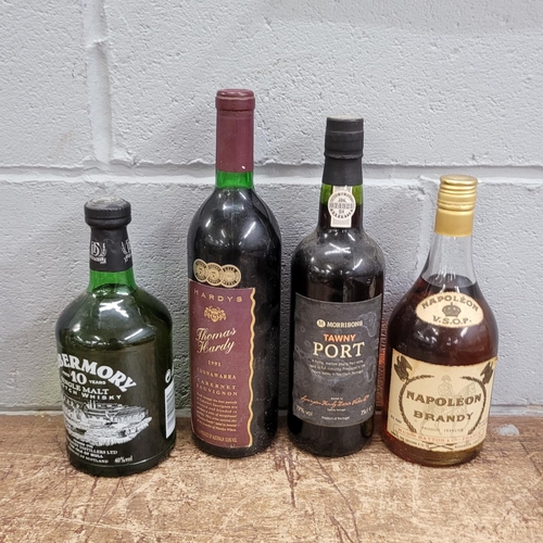 794 - Four bottles of alcohol; Tobermory Scotch Whisky, Napoleon Brandy, Tawny Port and a bottle of 1991 C... 