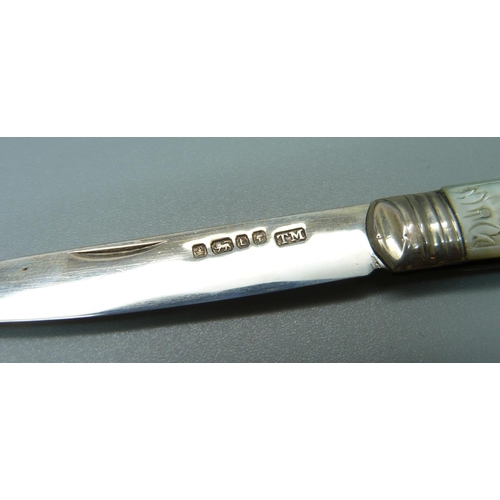 815 - A Victorian silver and mother of pearl fruit knife, Sheffield 1878, Thomas Marple