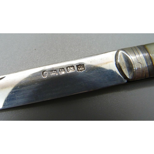 828 - A Victorian silver and mother of pearl fruit knife, Sheffield 1858, Martin, Hall & Co.