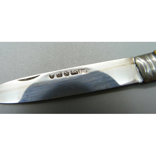 840 - A Victorian silver and mother of pearl fruit knife, Sheffield 1856, John Oxley