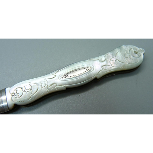 851 - A Victorian silver and mother of pearl fruit knife, Birmingham 1849, George Unite