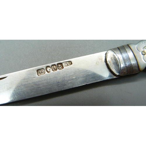 851 - A Victorian silver and mother of pearl fruit knife, Birmingham 1849, George Unite