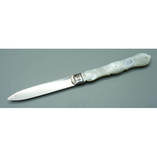 851 - A Victorian silver and mother of pearl fruit knife, Birmingham 1849, George Unite