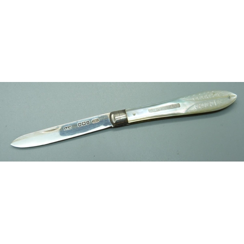 856 - A Victorian silver and mother of pearl fruit knife, Sheffield 1898