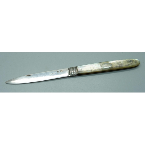 859 - A Georgian silver and mother of pearl fruit knife, cased