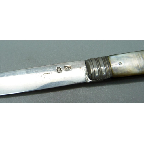 859 - A Georgian silver and mother of pearl fruit knife, cased