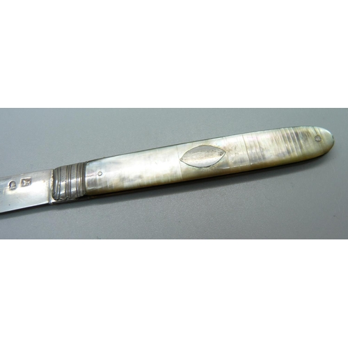 859 - A Georgian silver and mother of pearl fruit knife, cased