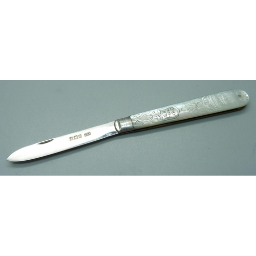 861 - A Victorian silver and mother of pearl fruit knife, Sheffield 1892