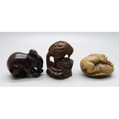 876 - Three carved netsuke, mouse, bird, and pig and tiger