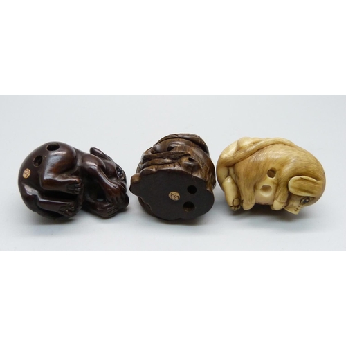 876 - Three carved netsuke, mouse, bird, and pig and tiger