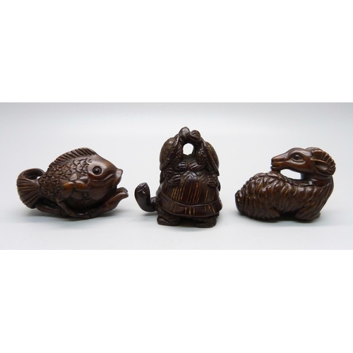 878 - Three carved netsuke, fish, deer and turtles