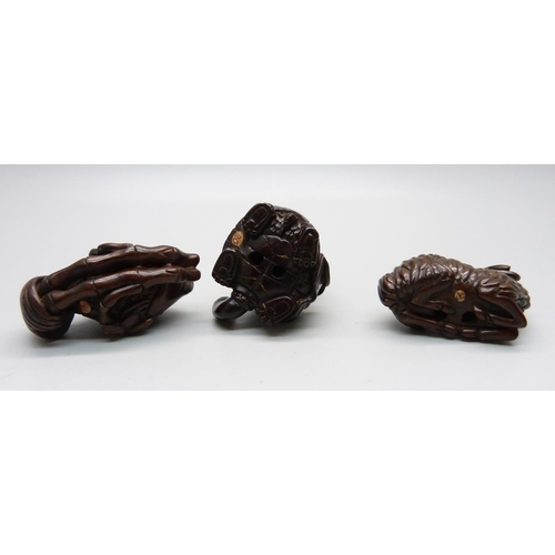 878 - Three carved netsuke, fish, deer and turtles