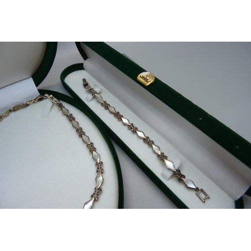 898 - A silver, mother of pearl and marcasite necklace and matching bracelet