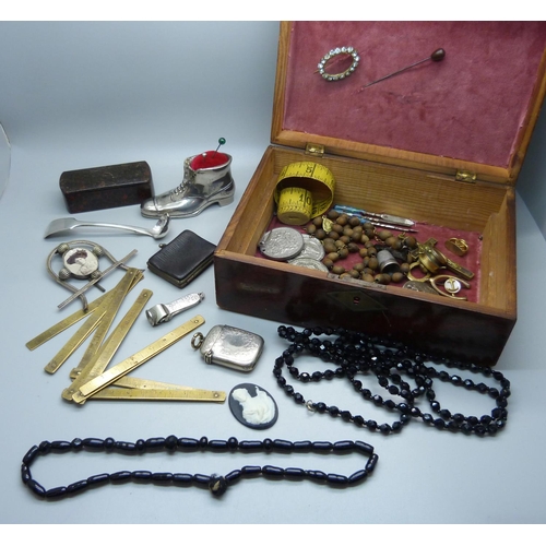 933 - Assorted items including a novelty shoe pin cushion, snuff box, vesta case, a folding brass ruler, c... 