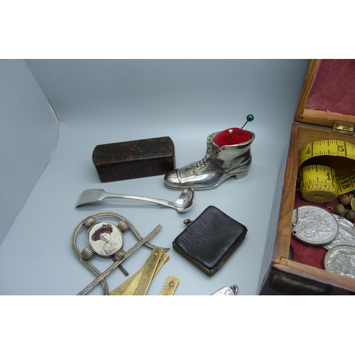 933 - Assorted items including a novelty shoe pin cushion, snuff box, vesta case, a folding brass ruler, c... 