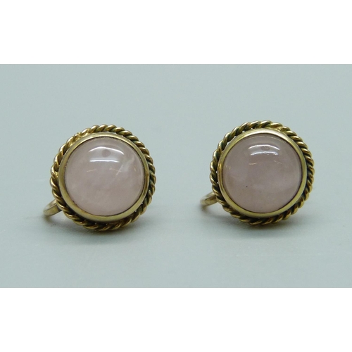 956 - A pair of 9ct gold rose quartz screw back earrings, 2.8g