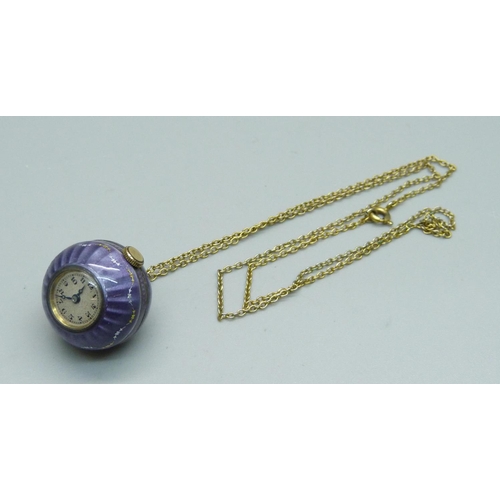 957 - A purple guilloche enamelled pendant watch and chain