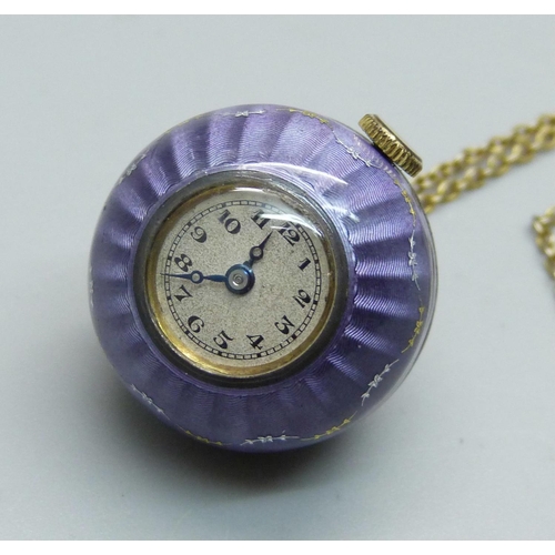 957 - A purple guilloche enamelled pendant watch and chain